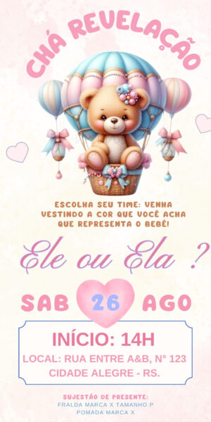 Convite Chá Revelação Urso no Balão
