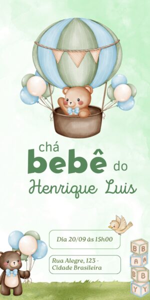 Convite Chá Revelação Urso balão Baby