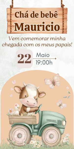 Convite Chá de Bebê Vaquinha no trator